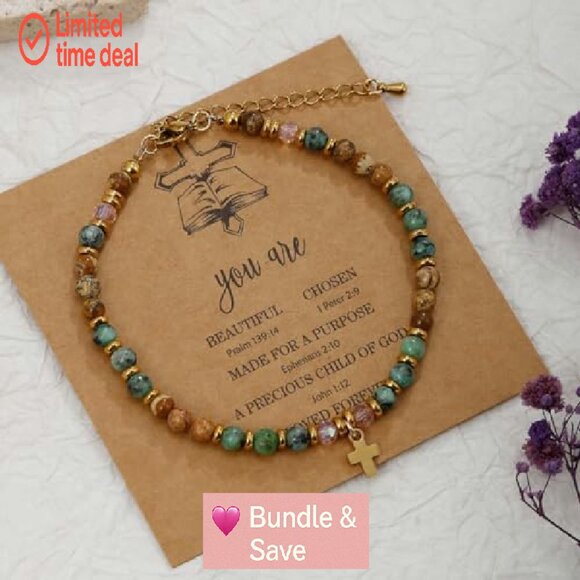 9PC Cross Bracelet Set Adjustable Natural Stone Beaded Faith Jewelry - Picture 6 of 8